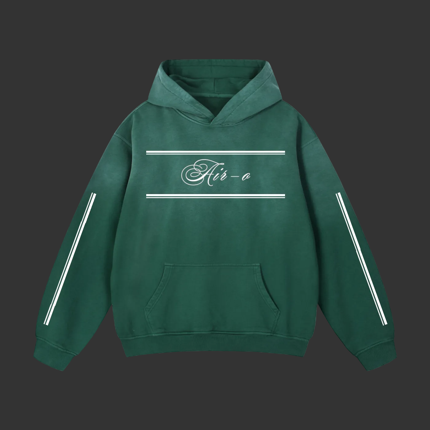 A forest green hoodie with crisp white front accents and a standout white crescent moon on the back, blending minimal design with bold energy.