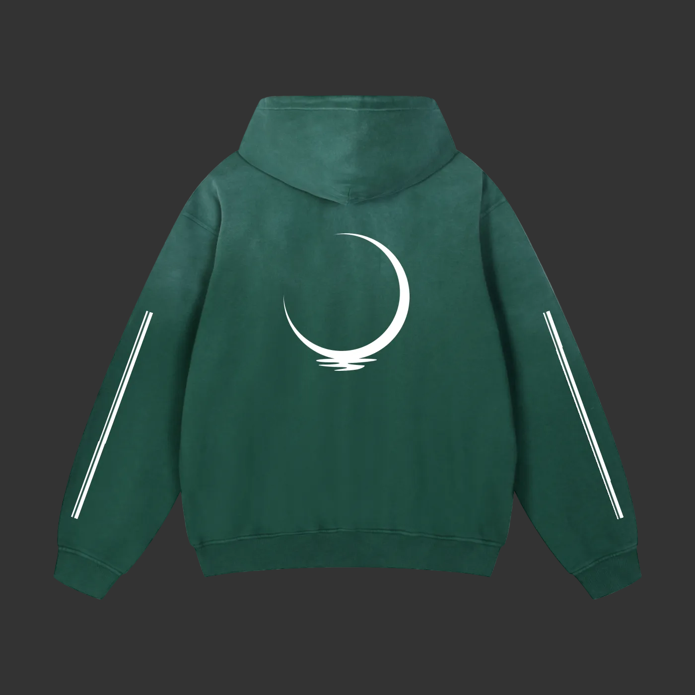 A forest green hoodie with crisp white front accents and a standout white crescent moon on the back, blending minimal design with bold energy.