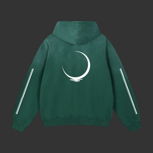 A forest green hoodie with crisp white front accents and a standout white crescent moon on the back, blending minimal design with bold energy.